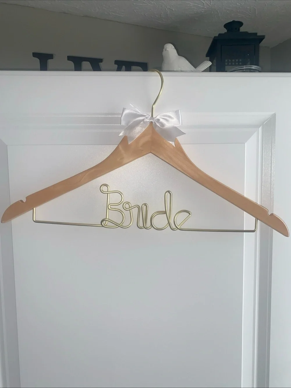 Bride Wedding Day Dress Hanger Wooden Gold metal White bow